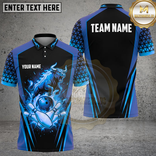 Maxcorners Bowling Polo Shirt Fiery Blue Bull and Bowling Pin Graphic Multi Options Personalized Name, Team Name Unisex 3D Shirt (4 Colors)
