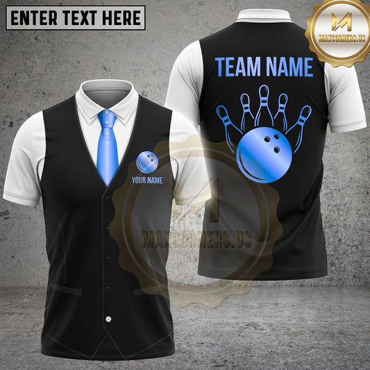Maxcorners Bowling Polo Shirt Formal Black Vest and Blue Tie Bowling Ball Graphic Multi Options Personalized Name, Team Name Unisex 3D Shirt (4 Colors)