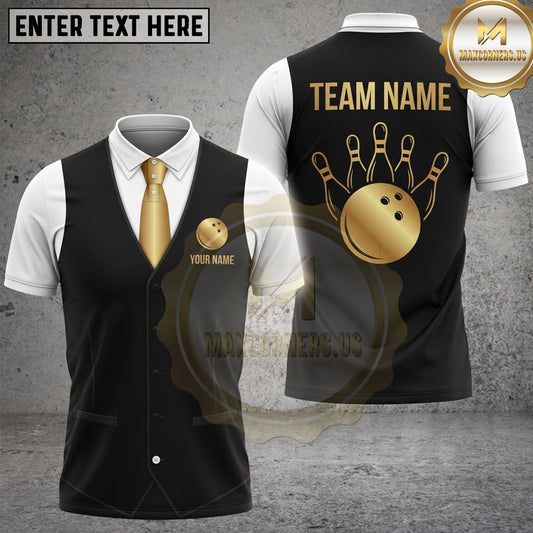 Maxcorners Bowling Polo Shirt Formal Black Vest and Blue Tie Bowling Ball Graphic Multi Options Personalized Name, Team Name Unisex 3D Shirt (4 Colors)