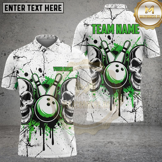 Maxcorners Skull Bowling Polo Shirt Green Splatter Cracked Texture and Twin Skull Graphic Multi Options Personalized Name, Team Name Unisex 3D Shirt (4 Colors)