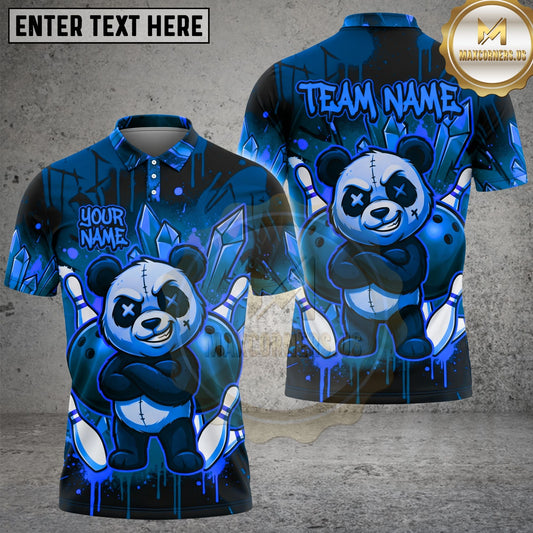 Maxcorners Teddy Bear Bowling Polo Shirt Blue Crystal Pattern and Gothic Stitched Bear Graphic Multi Options Personalized Name, Team Name Unisex 3D Shirt (4 Colors)