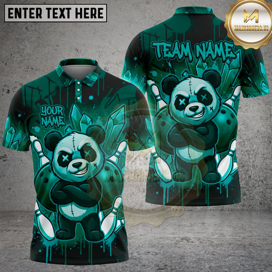 Maxcorners Teddy Bear Bowling Polo Shirt Blue Crystal Pattern and Gothic Stitched Bear Graphic Multi Options Personalized Name, Team Name Unisex 3D Shirt (4 Colors)