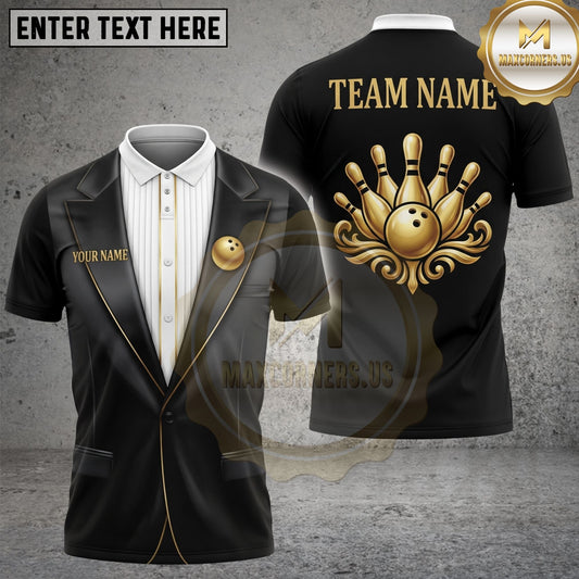 Maxcorners Bowling Polo Shirt Elegant Tuxedo Design with Blue Accent and Ornamental Bowling Emblem Multi Options Personalized Name, Team Name Unisex 3D Shirt (4 Colors)
