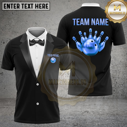 Maxcorners Bowling Polo Shirt Tuxedo Bow Tie Blue Bowling Pins Design Multi Options Personalized Name, Team Name Unisex 3D Shirt (4 Colors)