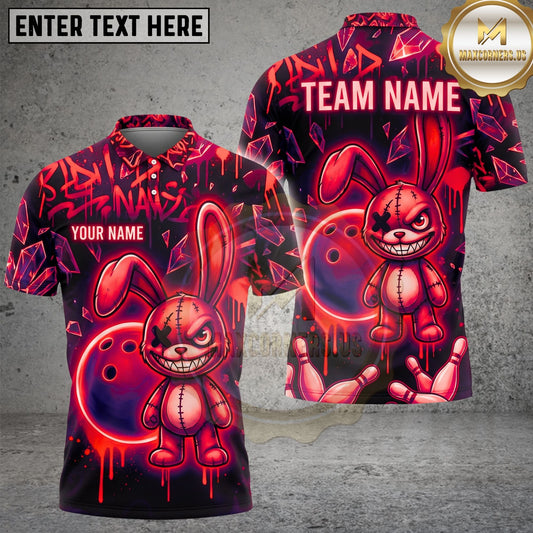 Maxcorners Bowling Bunny Polo Shirt Creepy Stitched Bunny Bowling Ball Design Multi Options Personalized Name, Team Name Unisex 3D Shirt (4 Colors)