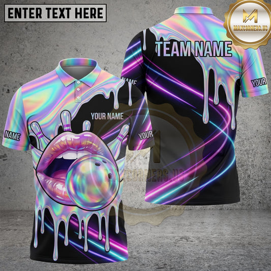 Maxcorners Bowling Lips Polo Shirt Iridescent Lips and Bowling Ball Neon Glow Design Multi Options Personalized Name, Team Name Unisex 3D Shirt