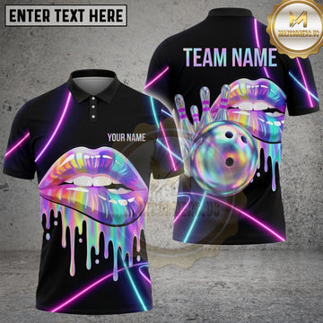 Maxcorners Bowling Shirt Rainbow Lips Neon Design Multi Options Personalized Name, Team Name Unisex 3D Shirt