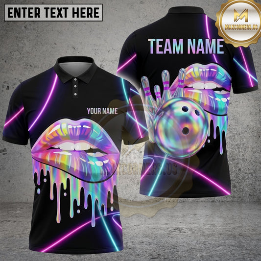 Maxcorners Bowling Shirt Rainbow Lips Neon Design Multi Options Personalized Name, Team Name Unisex 3D Shirt
