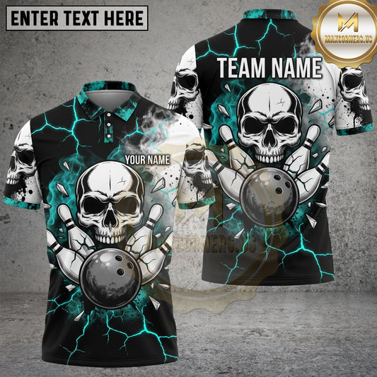 Maxcorners Bowling Skull Striker Lightning Storm Broken Pin Design Personalized Name Team Name Competitive League Style Unisex 3D Shirt (4 Colors)