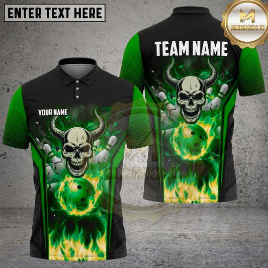 Maxcorners Bowling Skull Horns Green Flame Fiery Ball Striking Pins Personalized Name Team Name Bold Athletic Style Competitive League Unisex 3D Shirt (4 Colors)