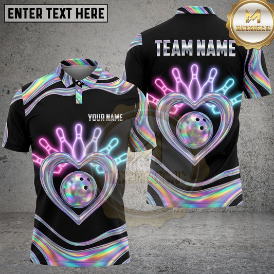 Maxcorners Bowling Shirt Rainbow Heart Bowling Ball Neon Design Multi Options Personalized Name, Team Name Unisex 3D Shirt
