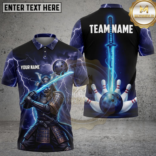 Maxcorners Bowling Japanese Samurai Katana Sword Lightning Bowling Ball Pins Multi Options Personalized Name, Team Name Unisex 3D Shirt (4 Colors)