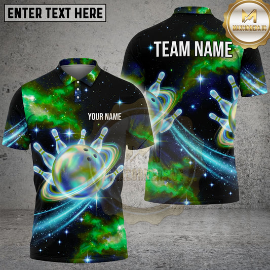 Maxcorners Bowling Cosmic Galaxy Space Planet Ring Bowling Ball Pins Multi Options Personalized Name, Team Name Unisex 3D Shirt (4 Colors)