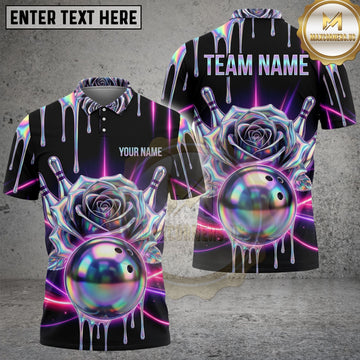 Maxcorners Bowling Shirt Iridescent Rose Flower Bowling Ball Neon Drip Design Multi Options Personalized Name, Team Name Unisex 3D Shirt