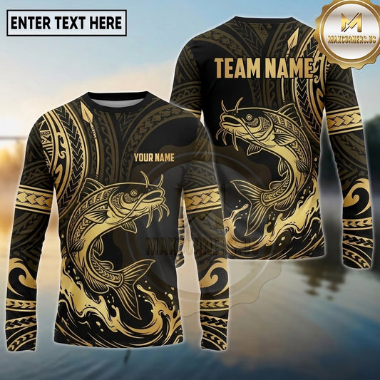 Maxcorners Fishing Black Gold Tribal Wave Design Custom Name & Team Name 3D Shirts Ver 2 (13 Breeds)