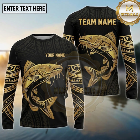Maxcorners Fishing Black Gold Tribal Polynesian Design Custom Name & Team Name 3D Shirts Ver 2 (13 Breeds)