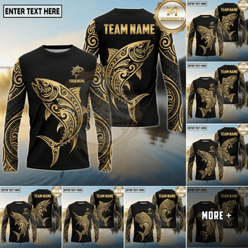 Maxcorners Fishing Black Gold Tribal Swirl Design Custom Name & Team Name 3D Shirts (13 Breeds)