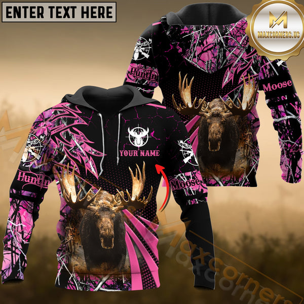 Maxcorners Moose Hunting Pink Camo Dot Pattern Custom Name Shirt 3D All Over Printed Clothes