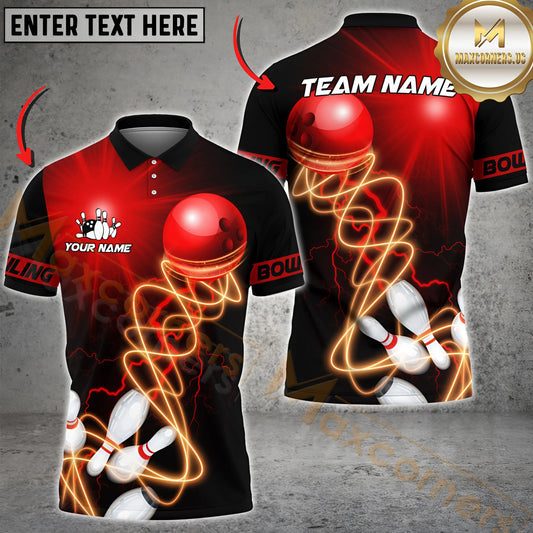Maxcorners Bowling Ball & Pins Light Bowling Ball Multicolor Options Personalized Name, Team Name 3D Shirt (4 Colors)