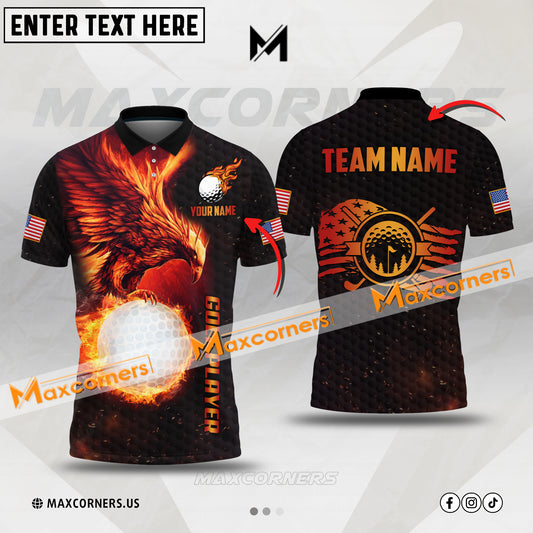 Maxcorners Golf Ball Eagle Flame Premium Multicolor Custom 3D Polo Shirt (4 Colors)