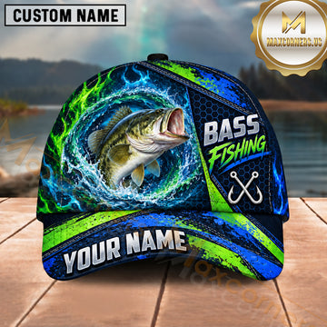 Maxcorners Fishing Water Splash Green Blue Flames Fish Hooks Personalized Name Unisex Classic Cap