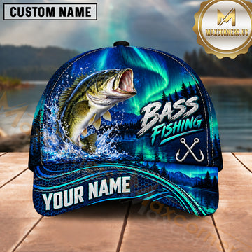 Maxcorners Fishing Northern Lights Aurora Green Night Sky Water Splash Fish Hooks Personalized Name Unisex Classic Cap