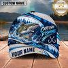 Maxcorners Fishing White Blue Water Splash Honeycomb Grid Forest Silhouettes Fish Hooks Personalized Name Unisex Classic Cap