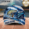 Maxcorners Fishing White Blue Water Splash Honeycomb Grid Forest Silhouettes Fish Hooks Personalized Name Unisex Classic Cap