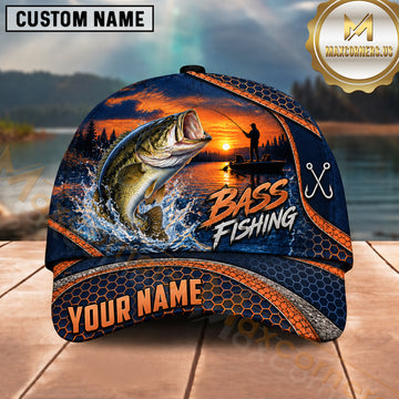 Maxcorners Fishing Sunset Angler Silhouette Honeycomb Grid Orange Splash Fish Hooks Personalized Name Unisex Classic Cap
