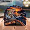 Maxcorners Fishing Sunset Angler Silhouette Honeycomb Grid Orange Splash Fish Hooks Personalized Name Unisex Classic Cap