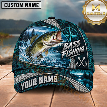 Maxcorners Fishing Nautical Compass Topo Map Blue Water Splash Honeycomb Grid Fish Hooks Personalized Name Unisex Classic Cap