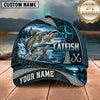 Maxcorners Fishing Nautical Compass Topo Map Blue Water Splash Honeycomb Grid Fish Hooks Personalized Name Unisex Classic Cap