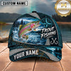 Maxcorners Fishing Nautical Compass Topo Map Blue Water Splash Honeycomb Grid Fish Hooks Personalized Name Unisex Classic Cap