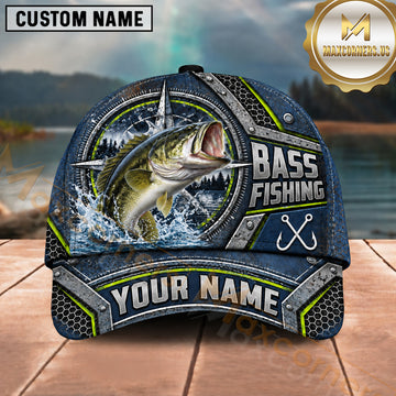 Maxcorners Fishing Compass Frame Metal Plate Honeycomb Pattern Fish Hooks Personalized Name Unisex Classic Cap