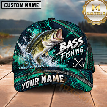 Maxcorners Fishing Teal Water Splash Honeycomb Grid Pattern Fish Hooks Personalized Name Unisex Classic Cap