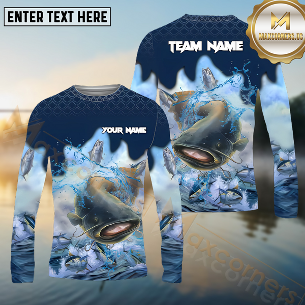Maxcorners Catfish Fishing Blue Wave Hunt Pattern Pattern Sport Jersey Personalized Name, Team Name Long Sleeve Shirt
