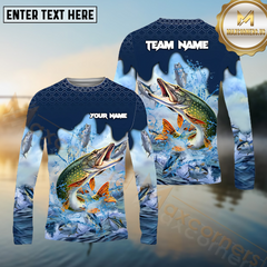 Maxcorners Pike Fishing Blue Wave Hunt Pattern Pattern Sport Jersey Personalized Name, Team Name Long Sleeve Shirt