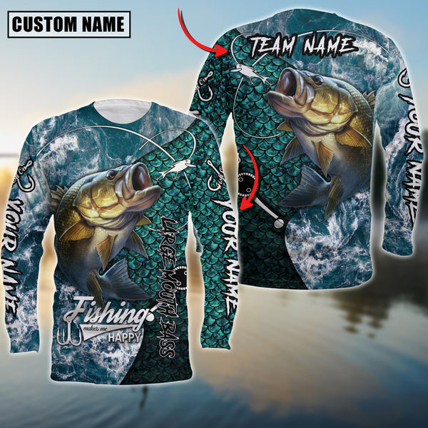 Maxcorne Large Mouth Bass Fishing Blue Wave  Personalized 3D Long Sleeve Shirt