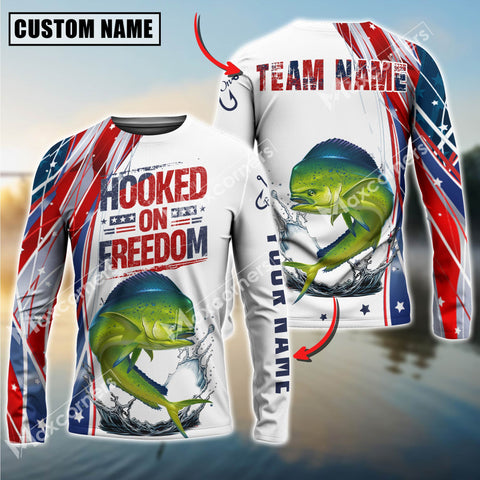 Maxcorners Mahi-Mahi Fishing USA Flag Pattern Hooked On Freedom Sun Protection Personalized Name Team Name 3D Shirts