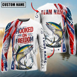 Maxcorners Tuna Fishing USA Flag Pattern Hooked On Freedom Sun Protection Personalized Name Team Name 3D Shirts