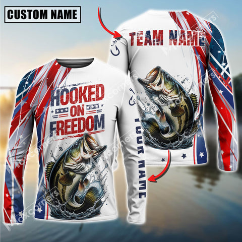 Maxcorners Bass Fishing USA Flag Pattern Hooked On Freedom Sun Protection Personalized Name Team Name 3D Shirts