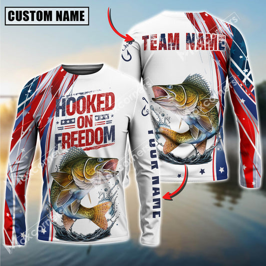 Maxcorners Fishing USA Flag Pattern Hooked On Freedom Sun Protection Personalized Name Team Name 3D Shirts (6 Fish Species)