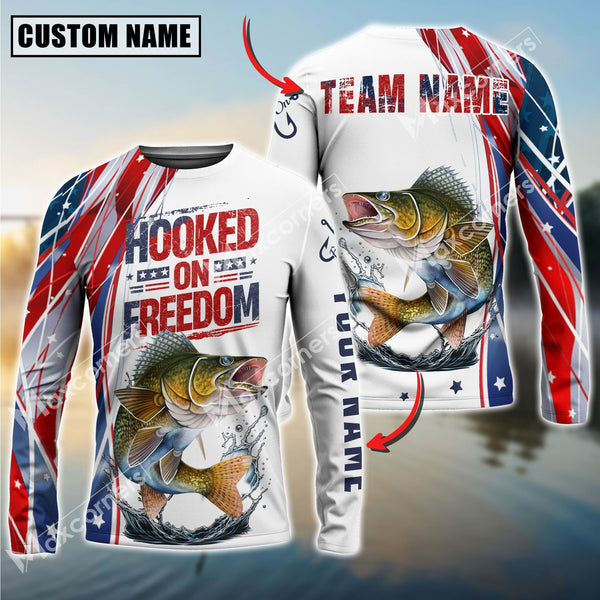 Maxcorners Walleye Fishing USA Flag Pattern Hooked On Freedom Sun Protection Personalized Name Team Name 3D Shirts