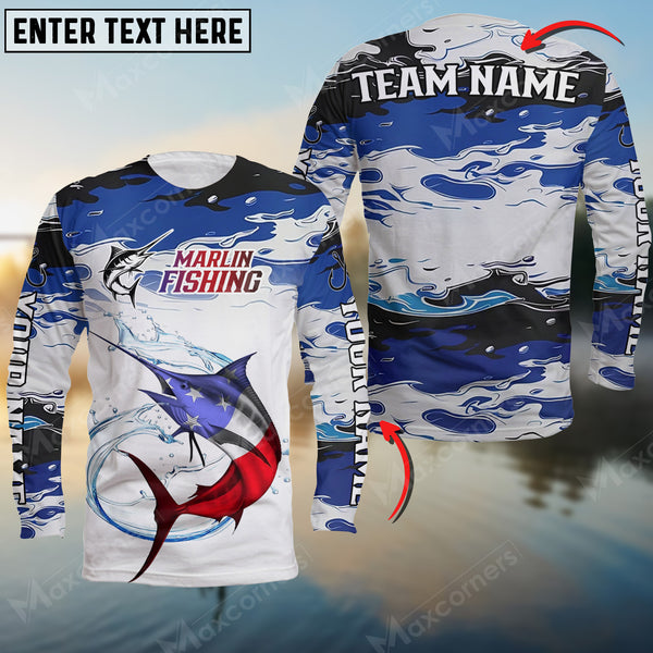 Maxcorners Marlin Fishing USA Flag Pattern Personalized Name Team Name 3D Shirts