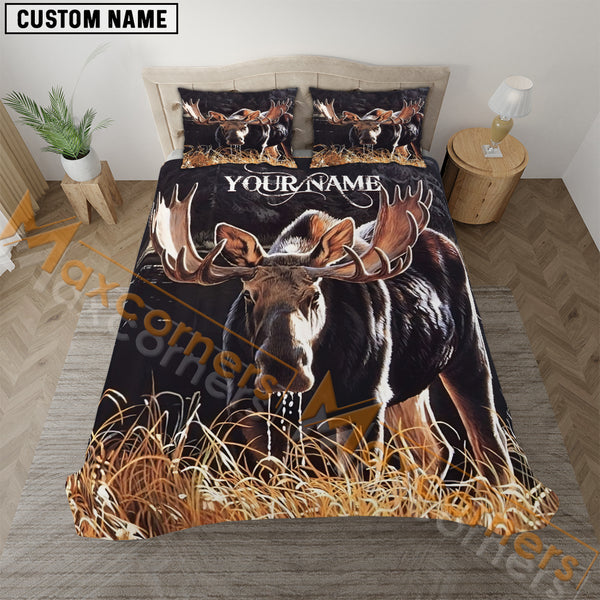 Maxcorners Moose Hunting Grass Pattern Custom Name 3D All Over Printed Bedding Set