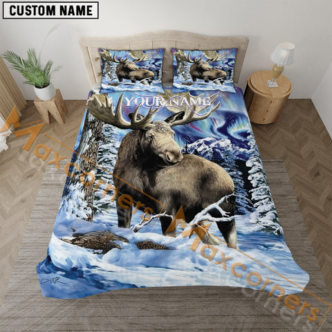 Maxcorners Moose Hunting Snow Pattern Custom Name 3D All Over Printed Bedding Set