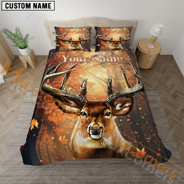 Maxcorners Custom Name Autumn Falling leaves Deer Hunting Bedding Set 3D All Over Printed