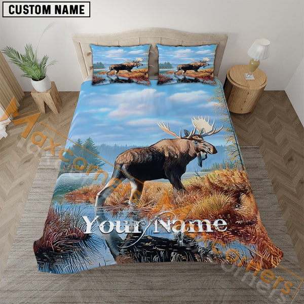 Maxcorners Custom Name Moose Hunting Blue Sky Bedding Set 3D All Over Printed