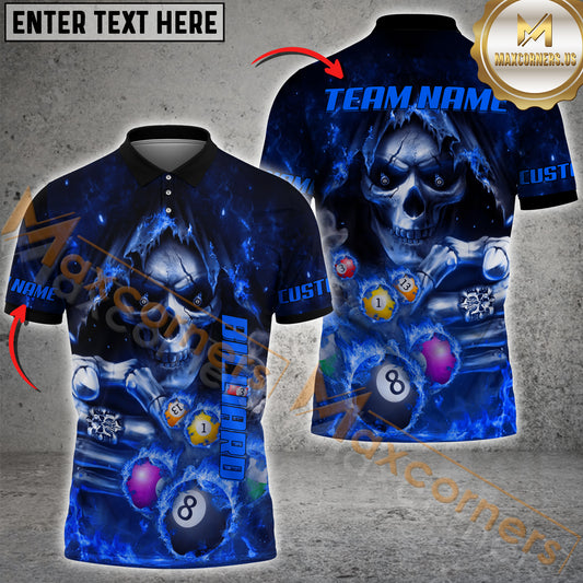Maxcorners Skull Fire Billiard Jersey Multicolor Option Customized Name, Team Name 3D Polo Shirt (4 colors)