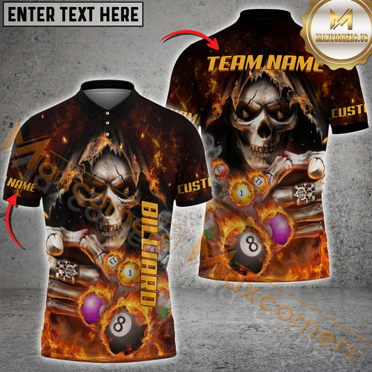 Maxcorners Skull Fire Billiard Jersey Multicolor Option Customized Name, Team Name 3D Polo Shirt (4 colors)